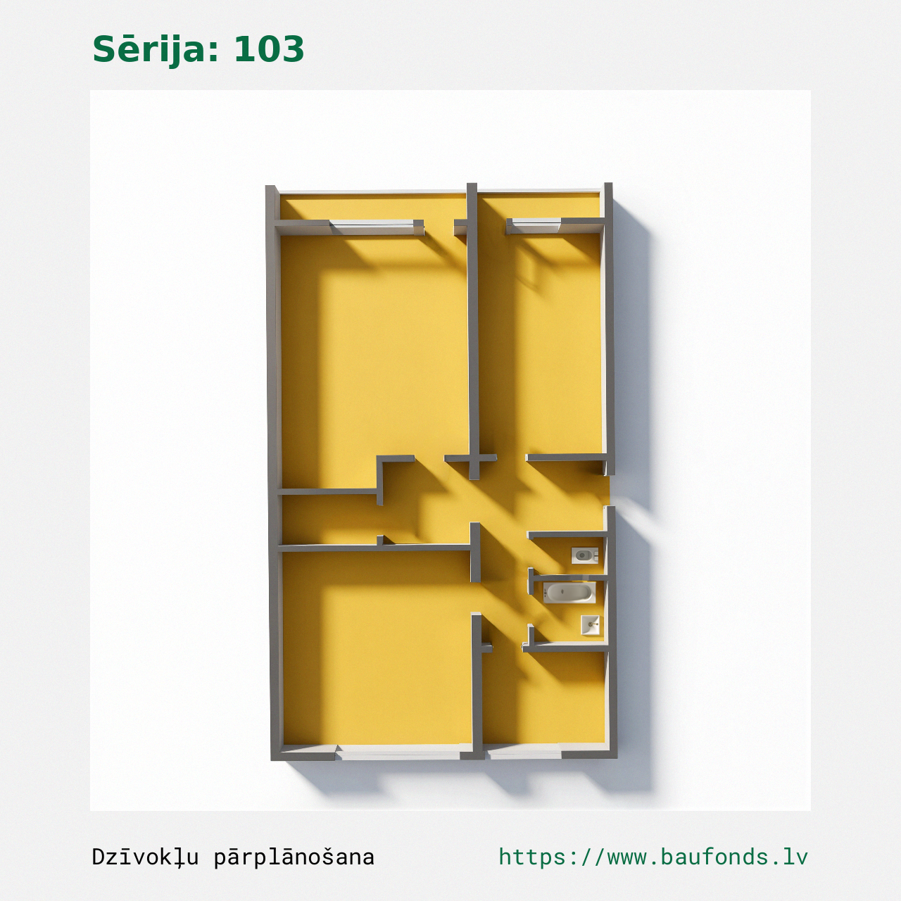 Trijų kambarių butas, 103 serija (103-A2/3). Plotas 54-77 m² / B