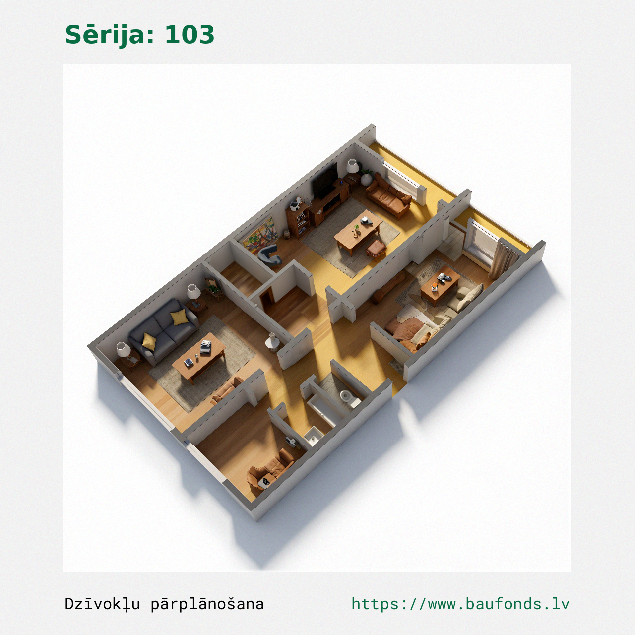 Trijų kambarių butas, 103 serija (103-A2/3). Plotas 54-77 m² / C