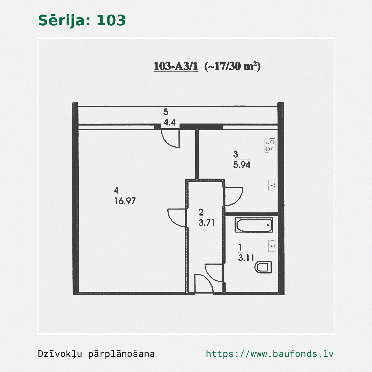 One-bedroom apartment, Series 103 (103-A3/1). Area 17-30 m² / A