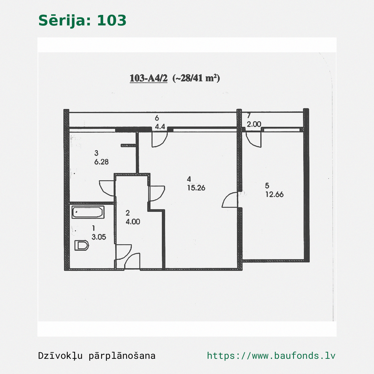 Dviejų kambarių butas, 103 serija (103-A4/2). Plotas 28-41 m² / A