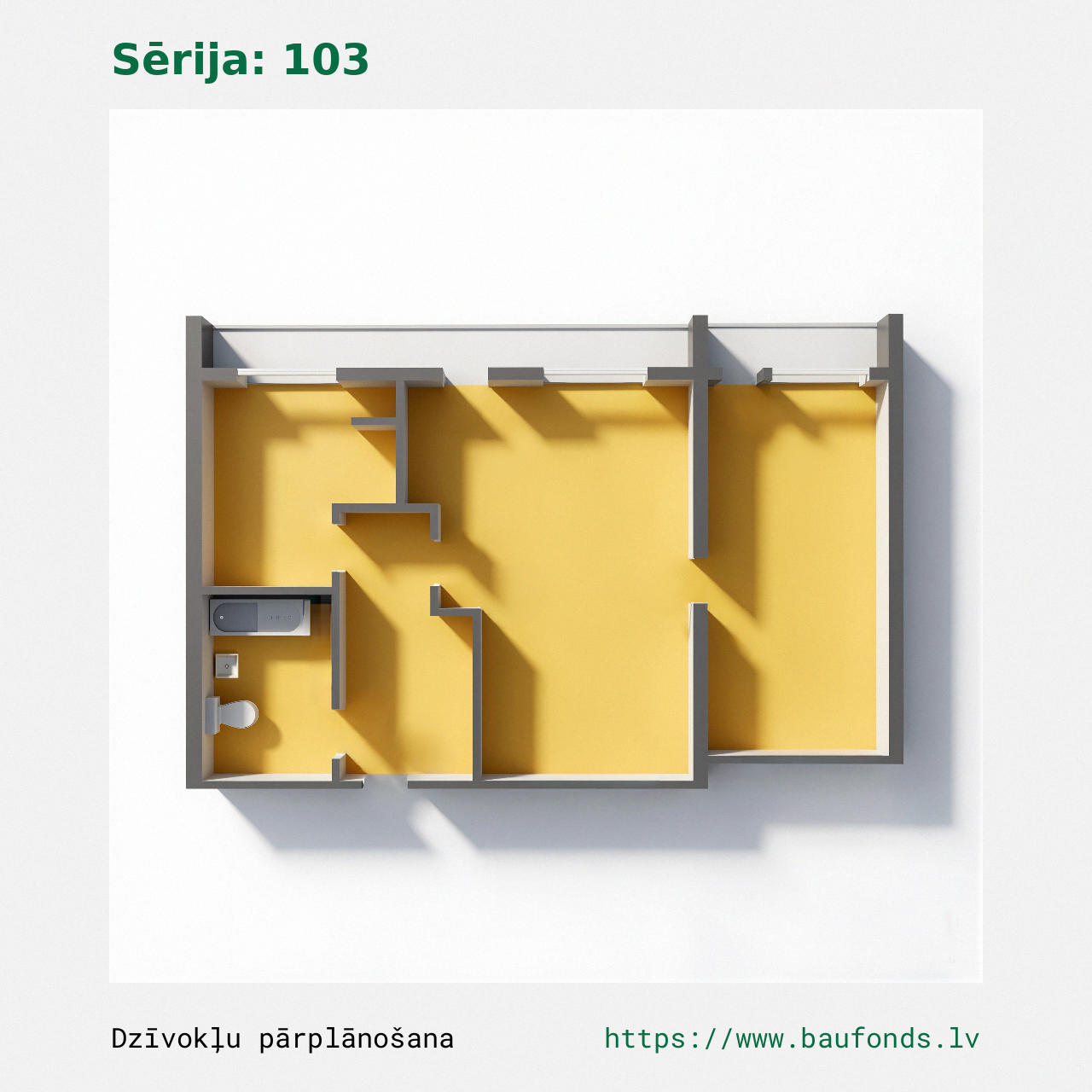 Dviejų kambarių butas, 103 serija (103-A4/2). Plotas 28-41 m² / B