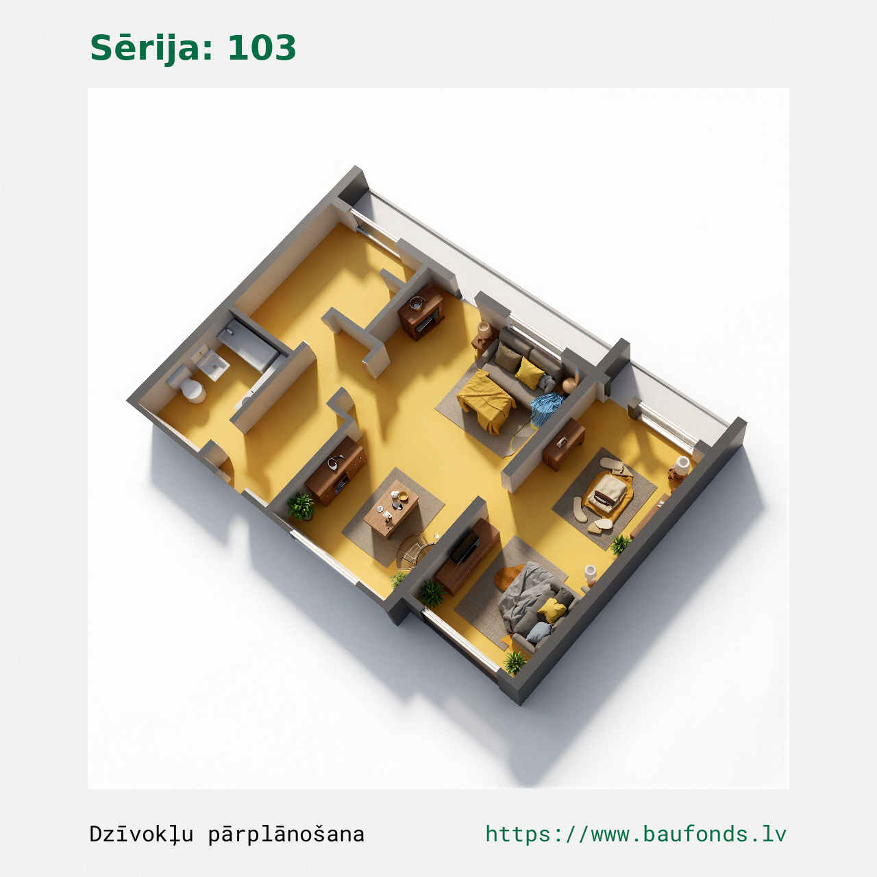 Dviejų kambarių butas, 103 serija (103-A4/2). Plotas 28-41 m² / C
