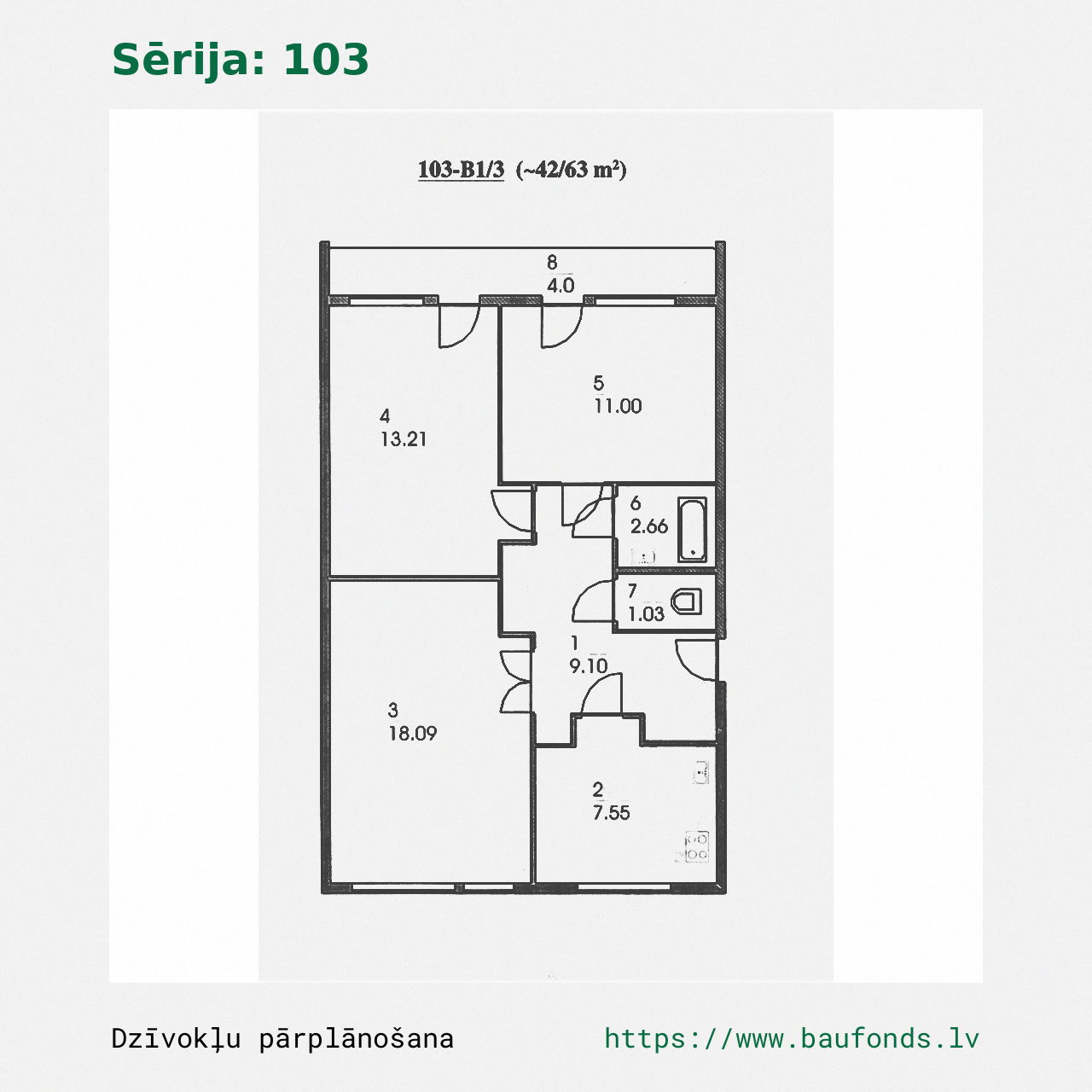 Trijų kambarių butas, 103 serija (103-B1/3). Plotas 42-63 m² / A
