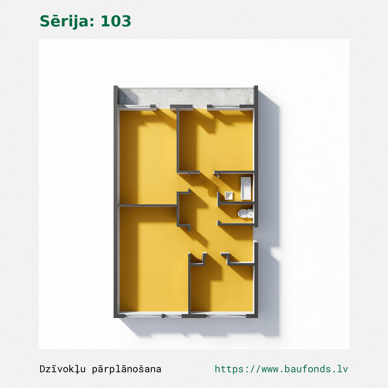 Trijų kambarių butas, 103 serija (103-B1/3). Plotas 42-63 m² / B