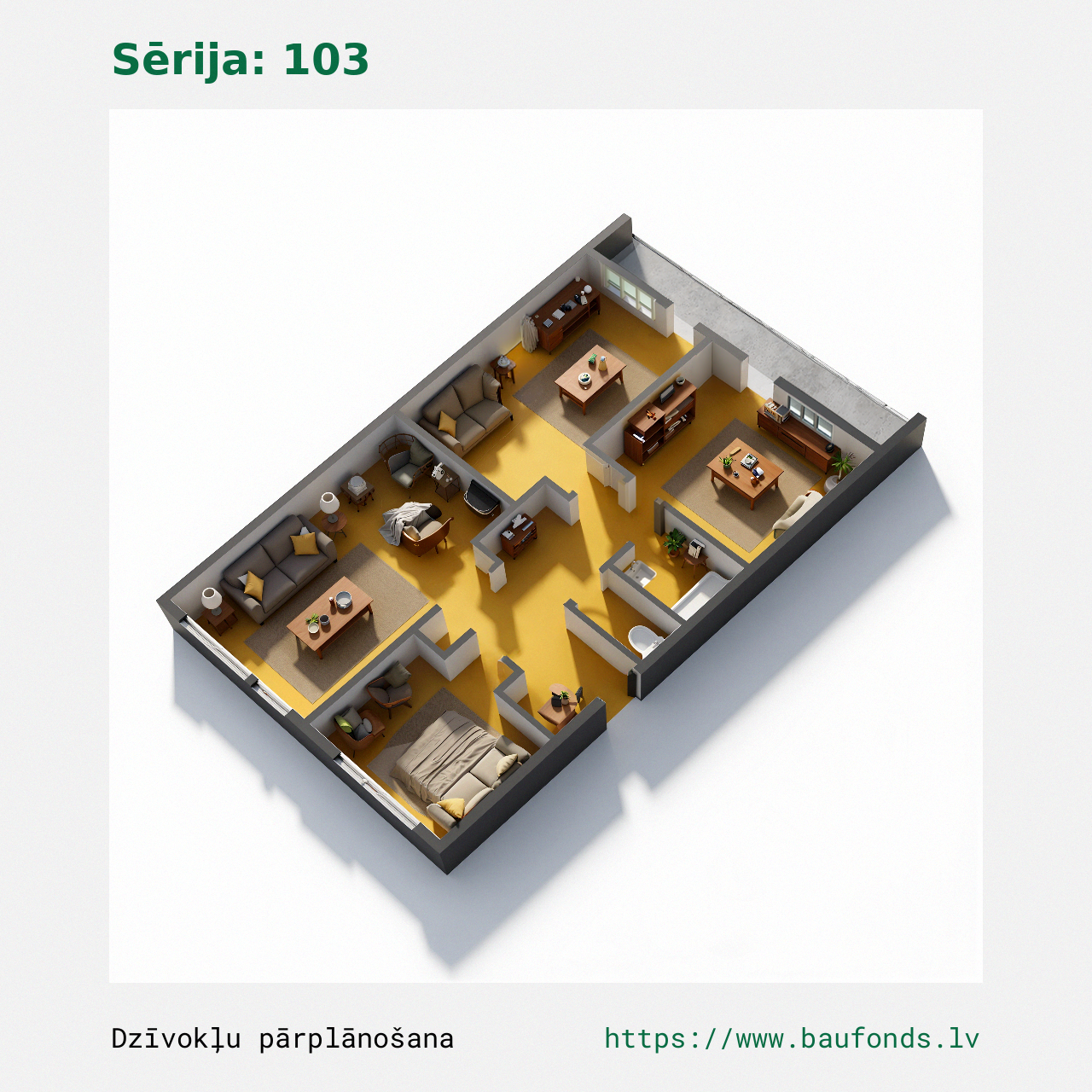 Trijų kambarių butas, 103 serija (103-B1/3). Plotas 42-63 m² / C