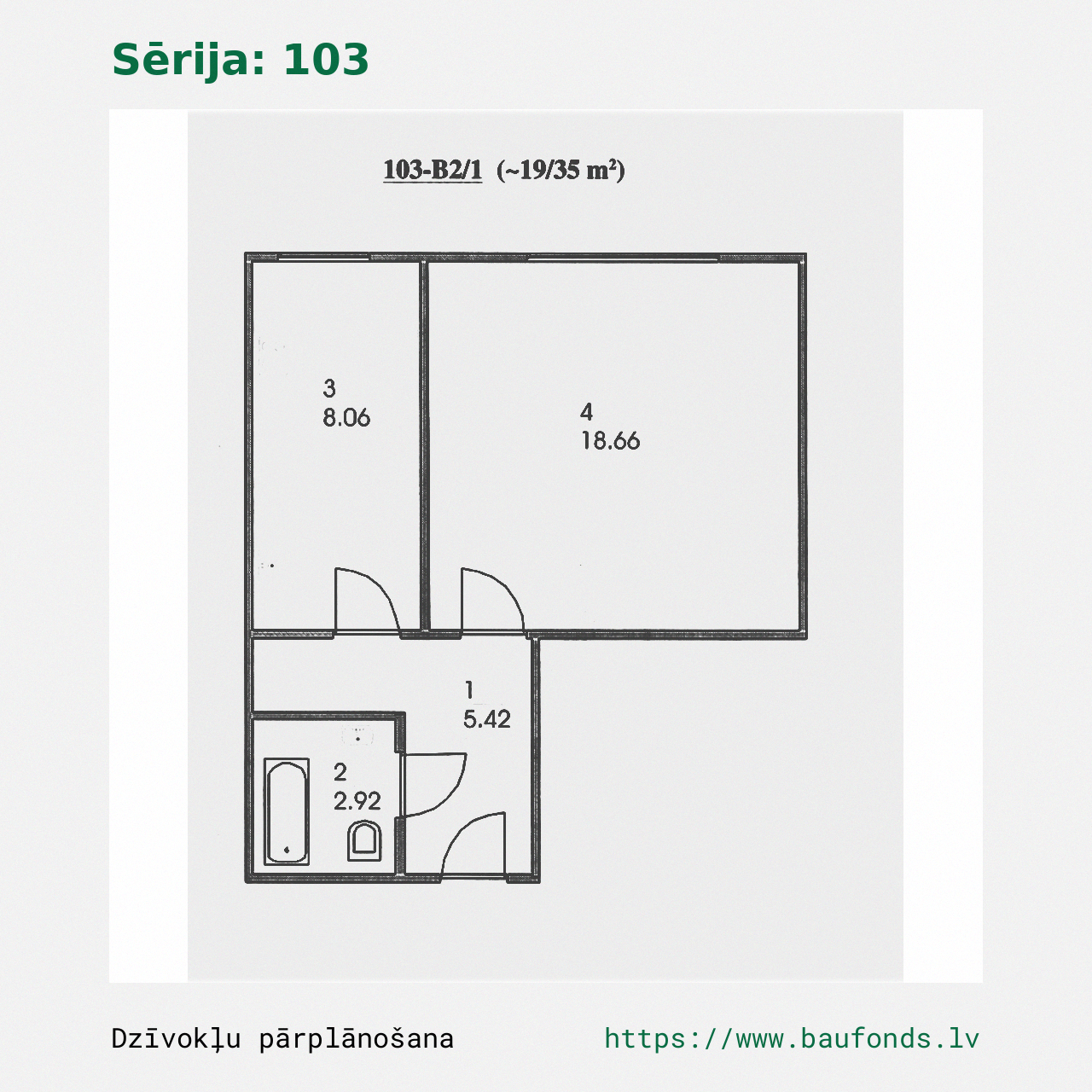 One-bedroom apartment, Series 103 (103-B2/1). Area 19-35 m² / A