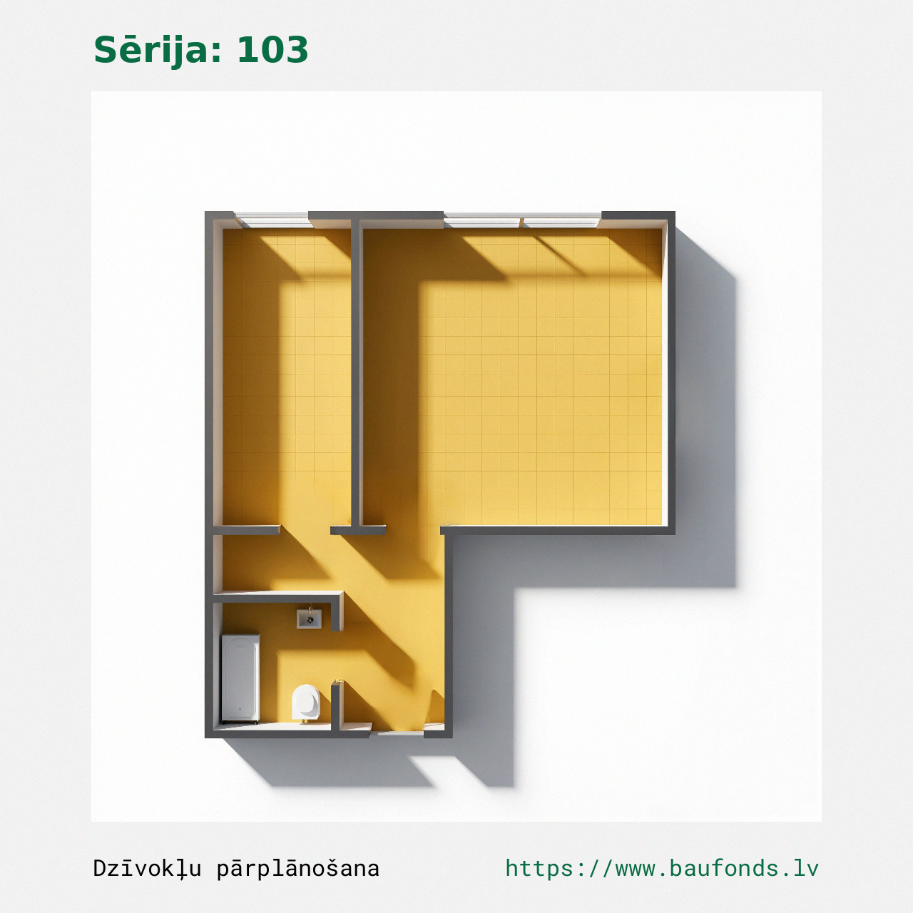 One-bedroom apartment, Series 103 (103-B2/1). Area 19-35 m² / B