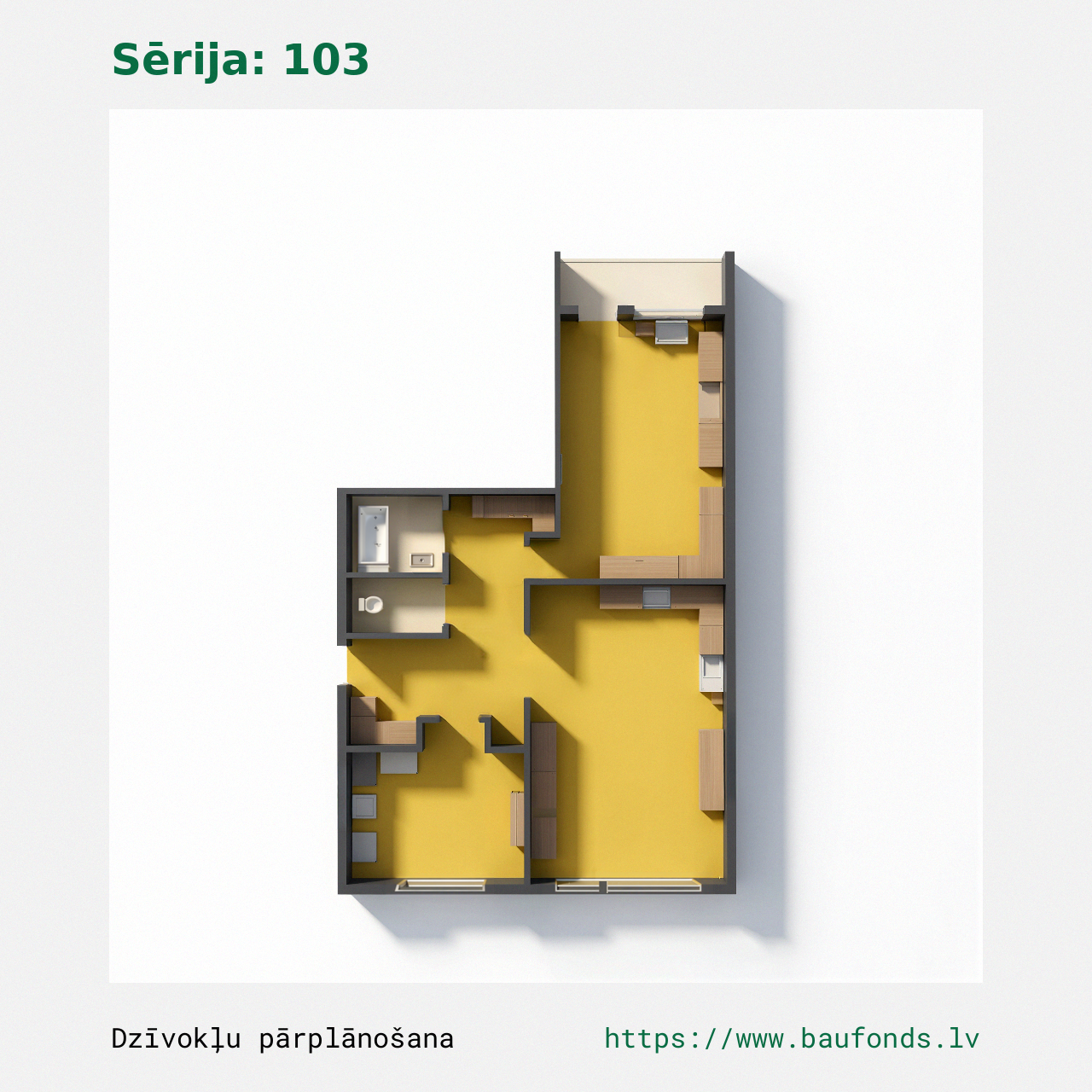 Dviejų kambarių butas, 103 serija (103-B3/2). Plotas 33-52 m² / B