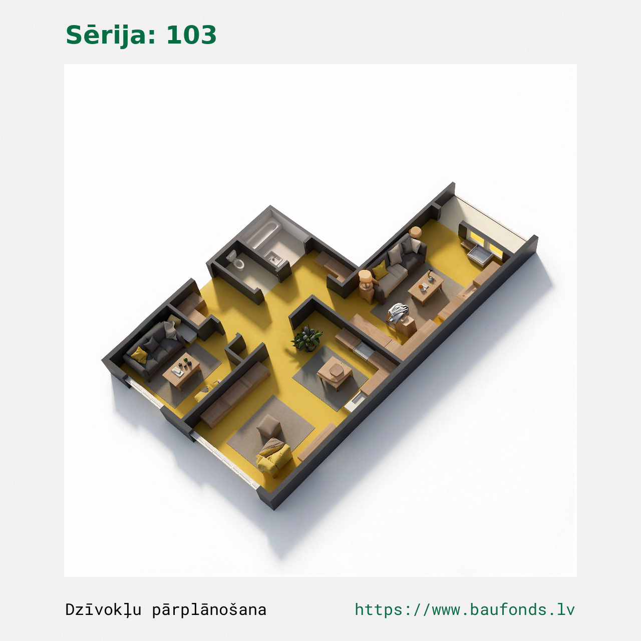 Dviejų kambarių butas, 103 serija (103-B3/2). Plotas 33-52 m² / C