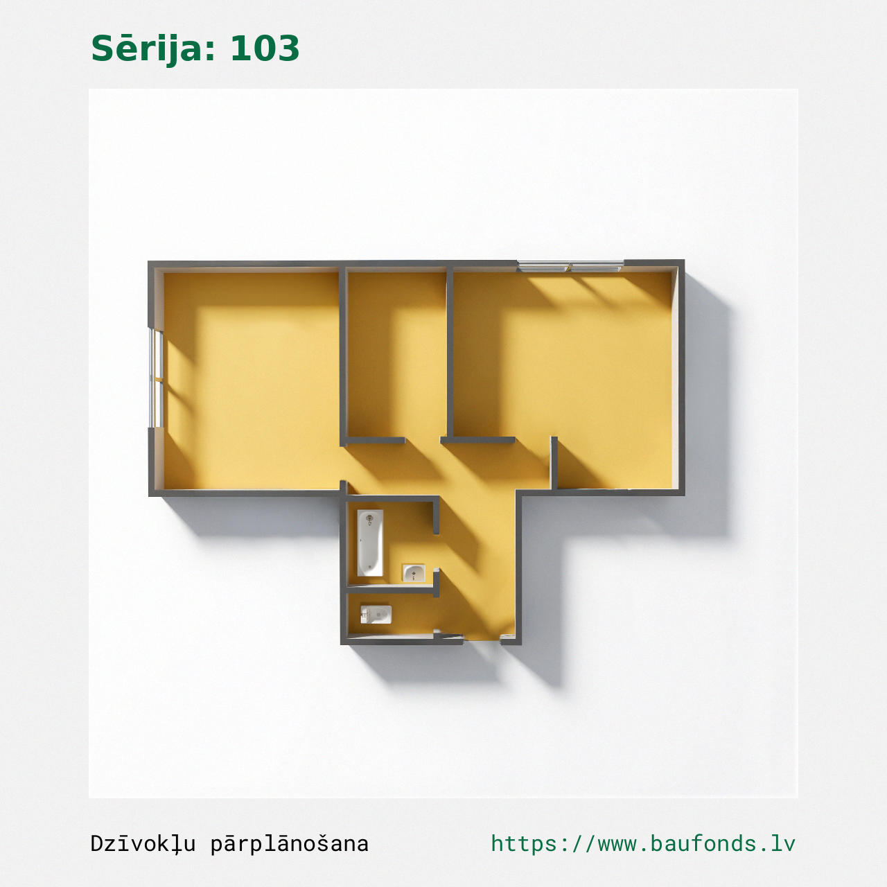 Dviejų kambarių butas, 103 serija (103-B4/2). Plotas 29-47 m² / B