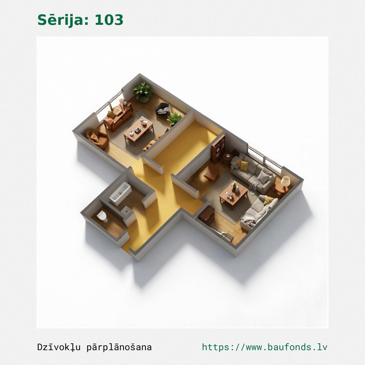 Dviejų kambarių butas, 103 serija (103-B4/2). Plotas 29-47 m² / C