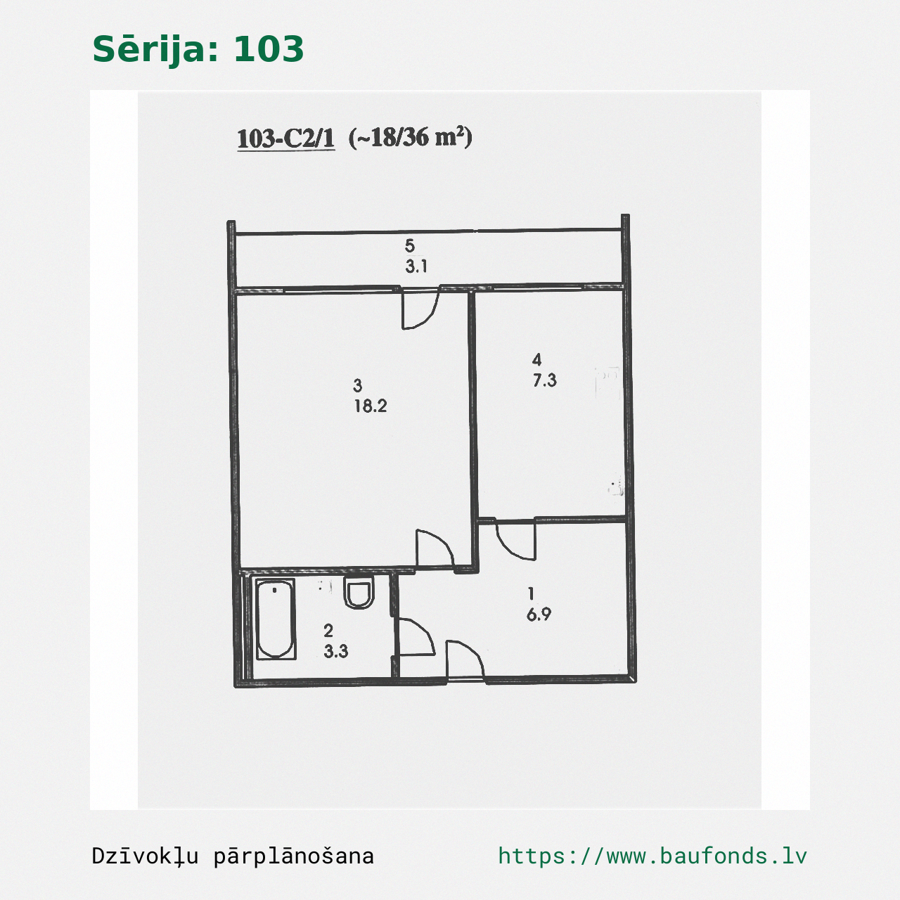 One-bedroom apartment, Series 103 (103-C2/1). Area 18-36 m² / A