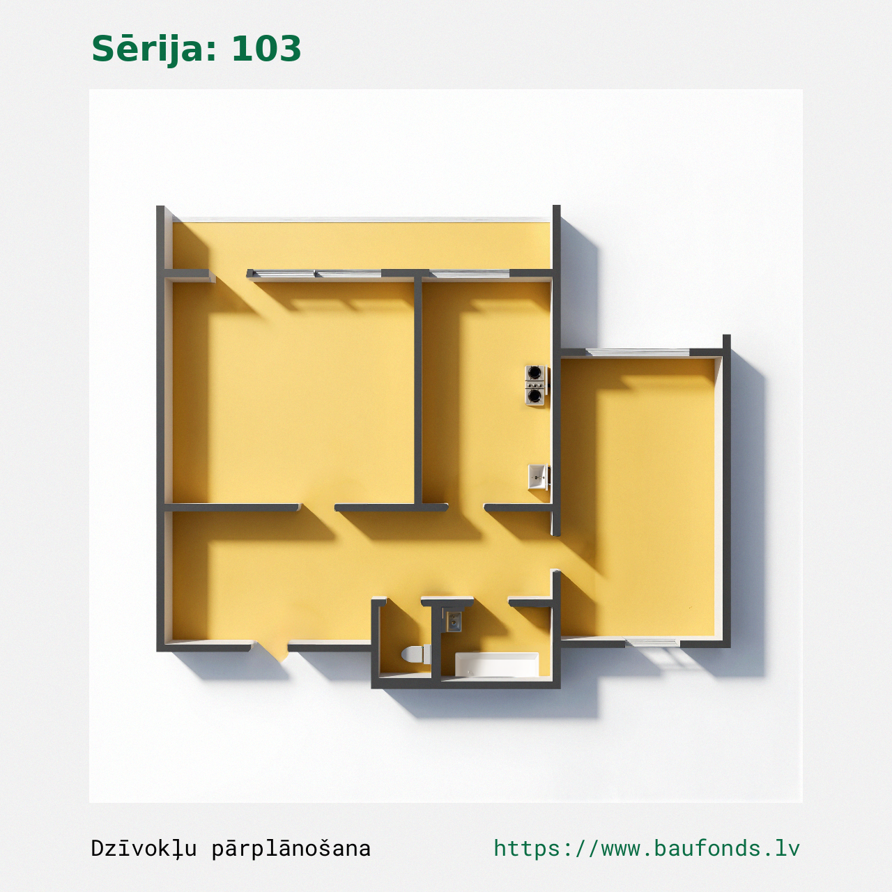 Dviejų kambarių butas, 103 serija (103-C3/2). Plotas 28-50 m² / B