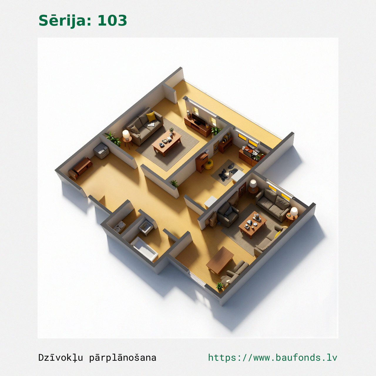 Dviejų kambarių butas, 103 serija (103-C3/2). Plotas 28-50 m² / C