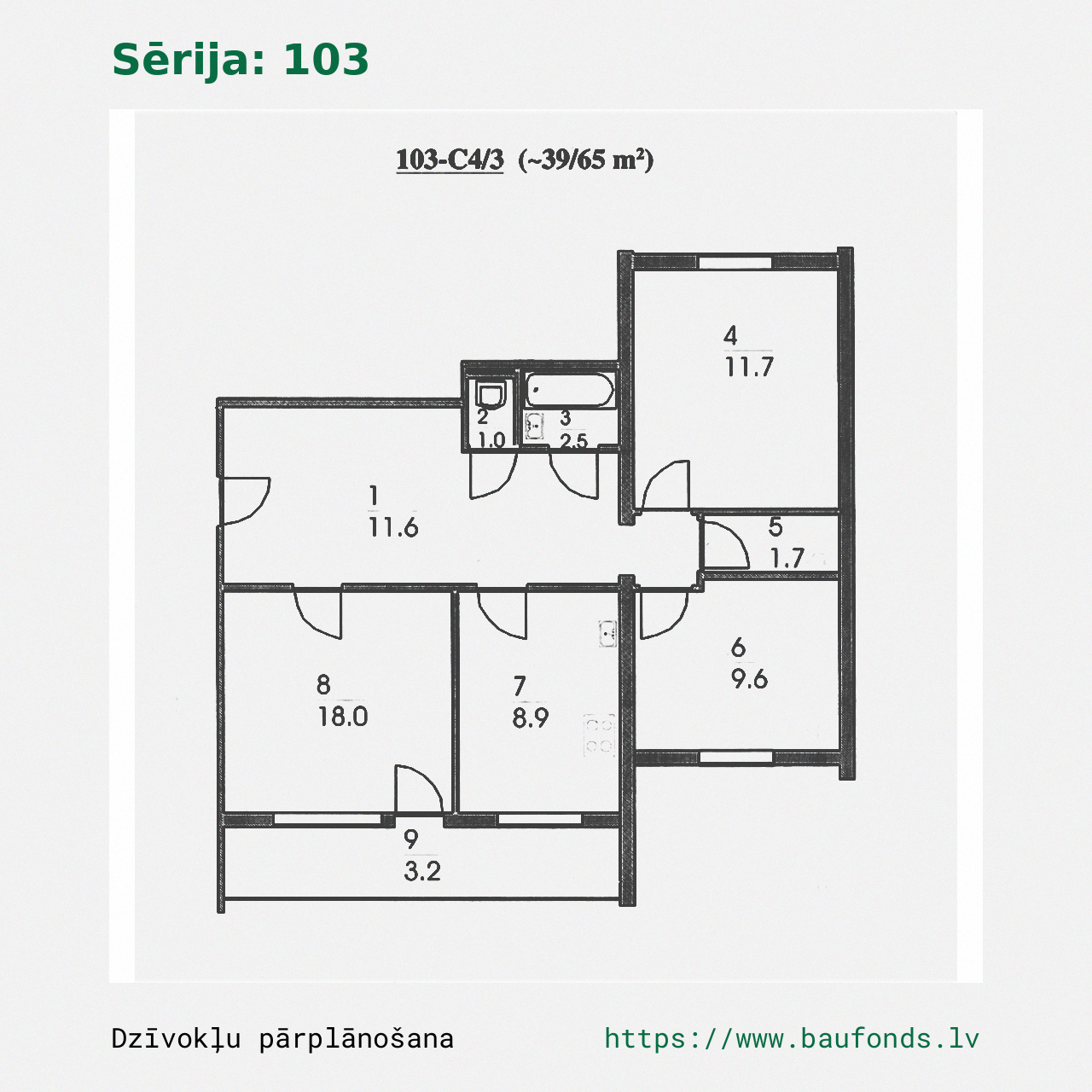 Trijų kambarių butas, 103 serija (103-C4/3). Plotas 39-65 m² / A