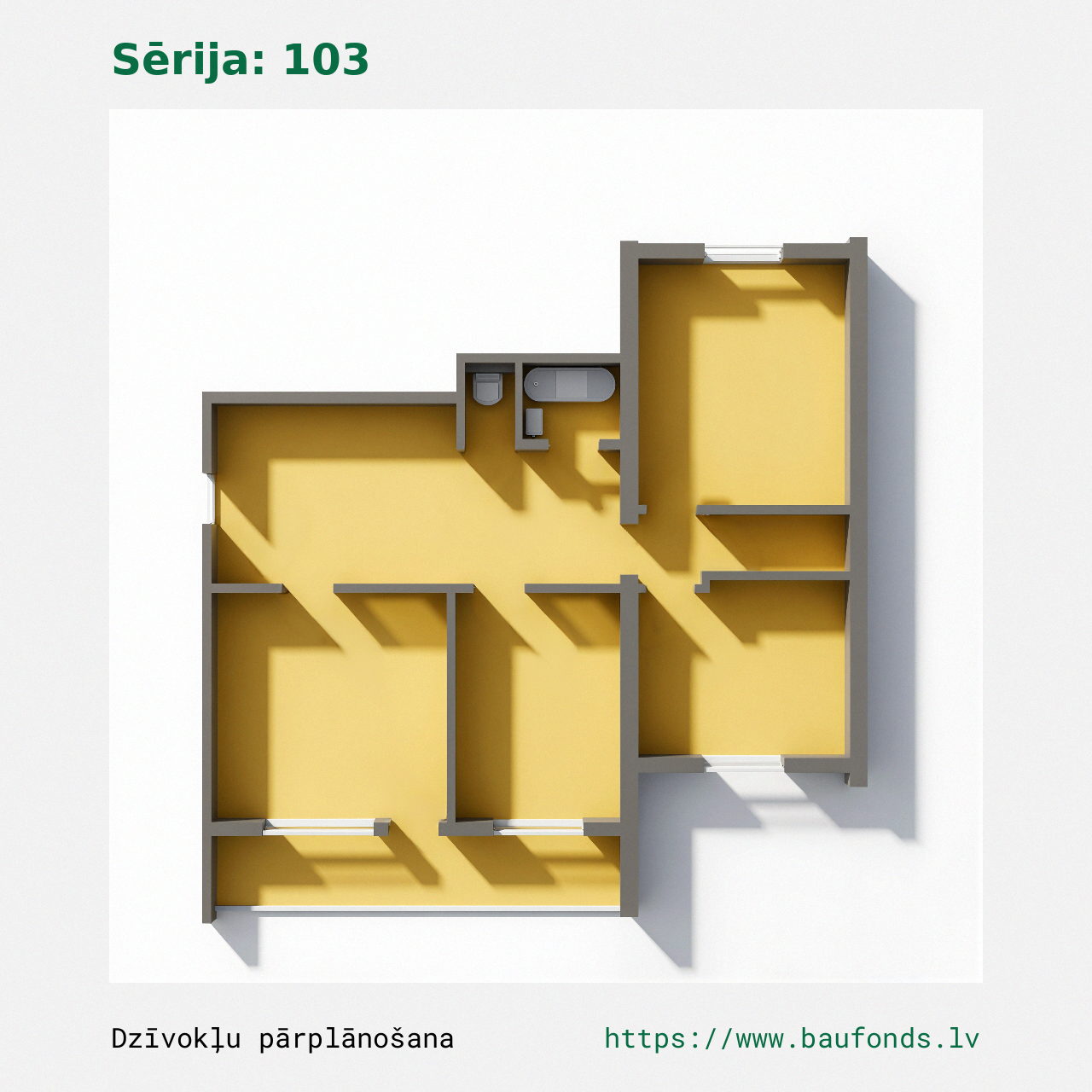 Trijų kambarių butas, 103 serija (103-C4/3). Plotas 39-65 m² / B