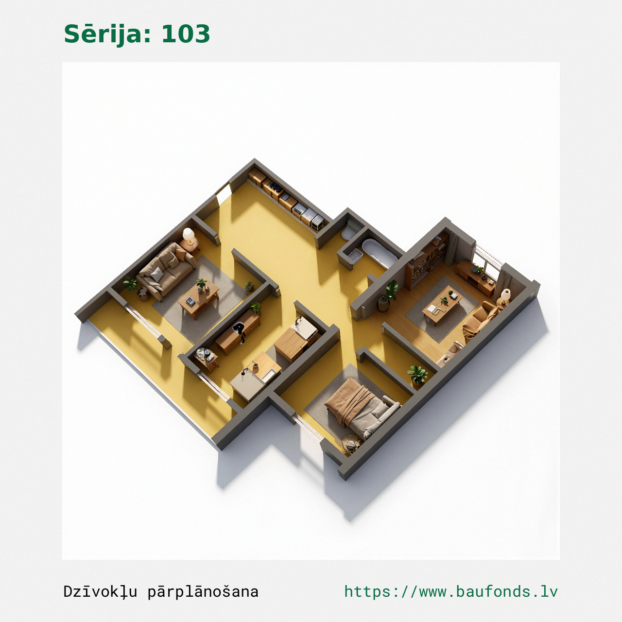 Trijų kambarių butas, 103 serija (103-C4/3). Plotas 39-65 m² / C