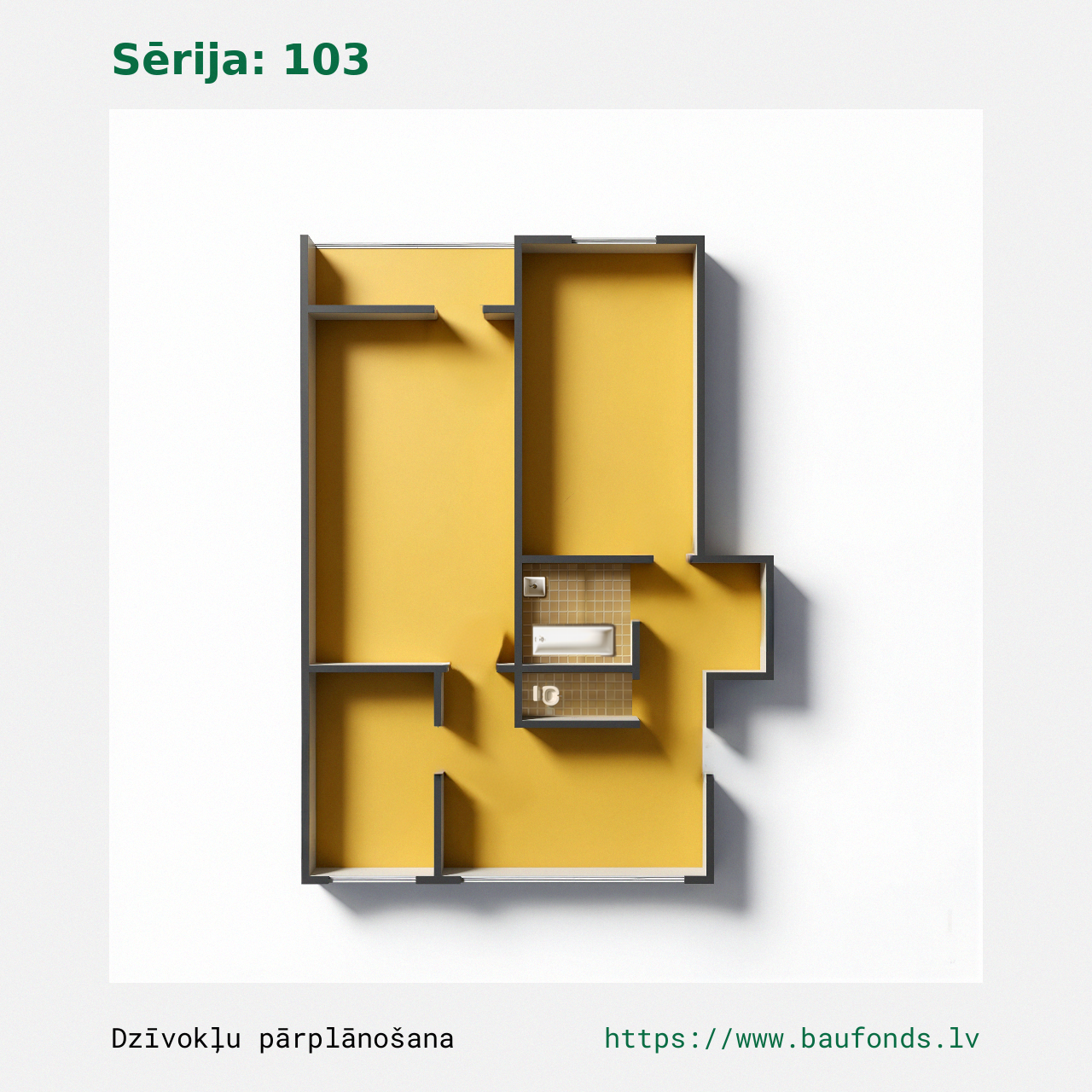 Dviejų kambarių butas, 103 serija (103-D1/2). Plotas 33-58 m² / B