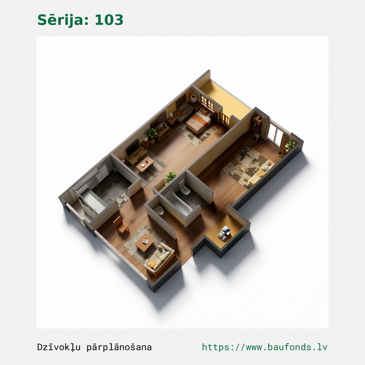 Dviejų kambarių butas, 103 serija (103-D1/2). Plotas 33-58 m² / C