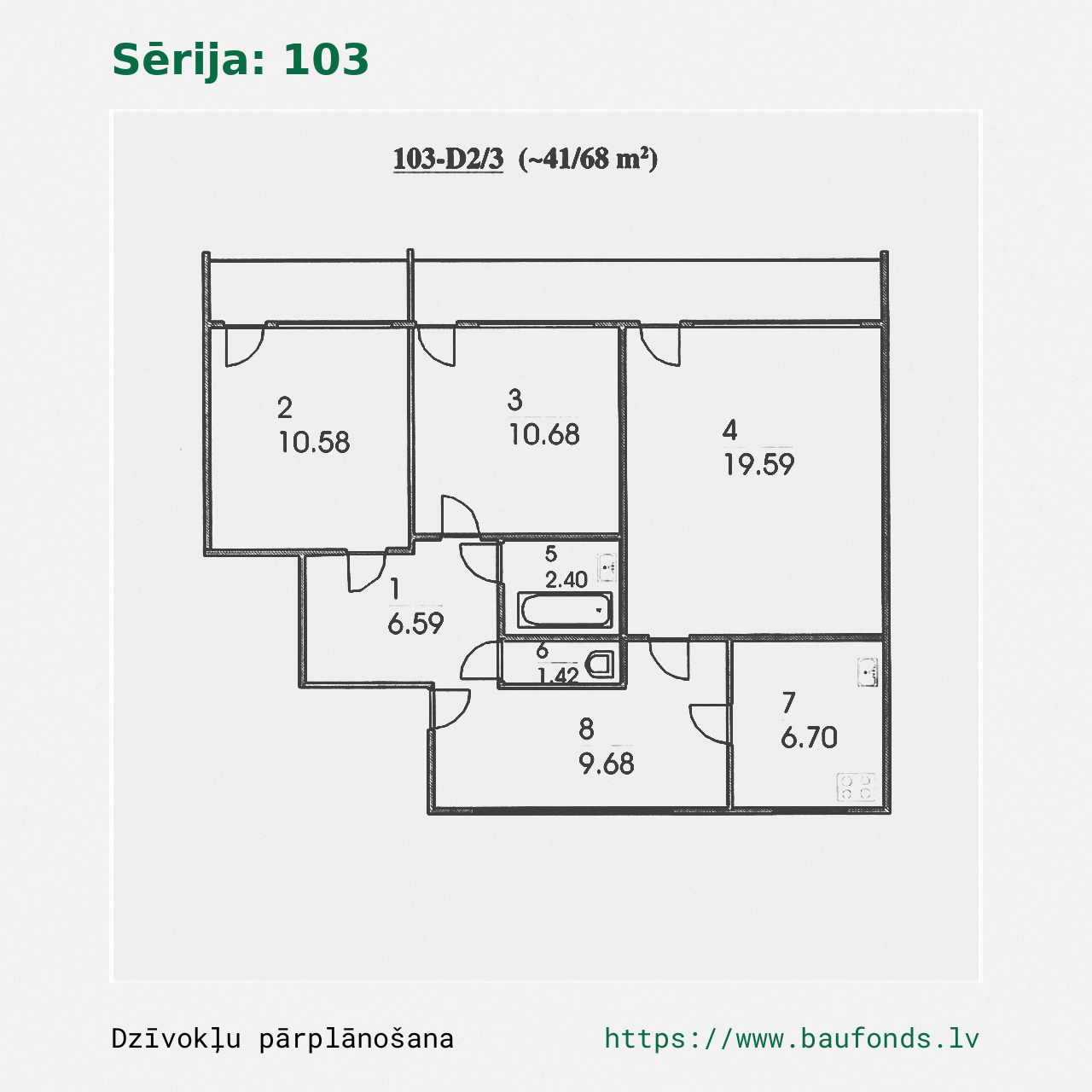 Trijų kambarių butas, 103 serija (103-D2/3). Plotas 41-68 m² / A