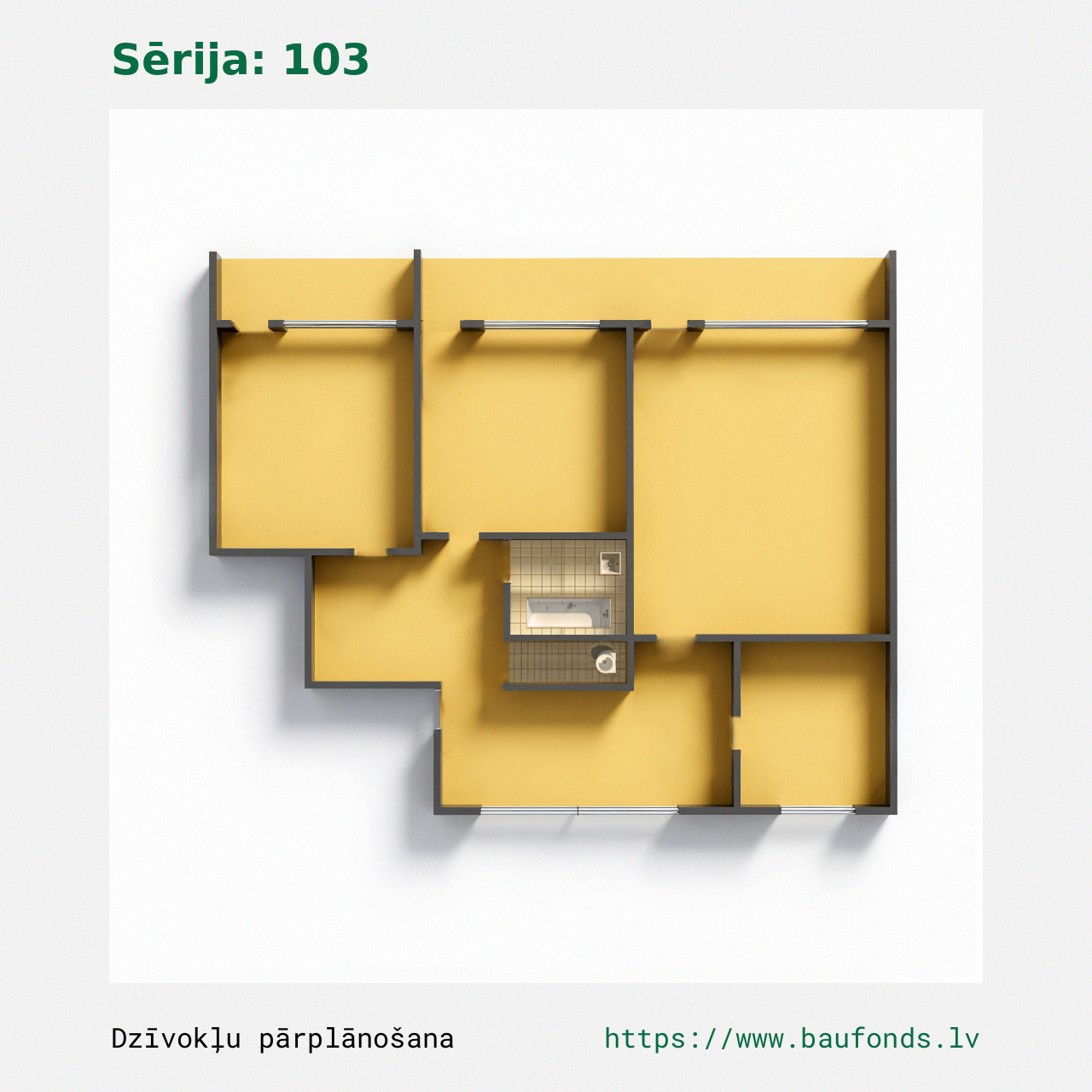 Trijų kambarių butas, 103 serija (103-D2/3). Plotas 41-68 m² / B