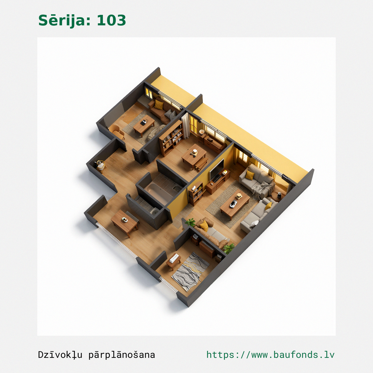 Trijų kambarių butas, 103 serija (103-D2/3). Plotas 41-68 m² / C