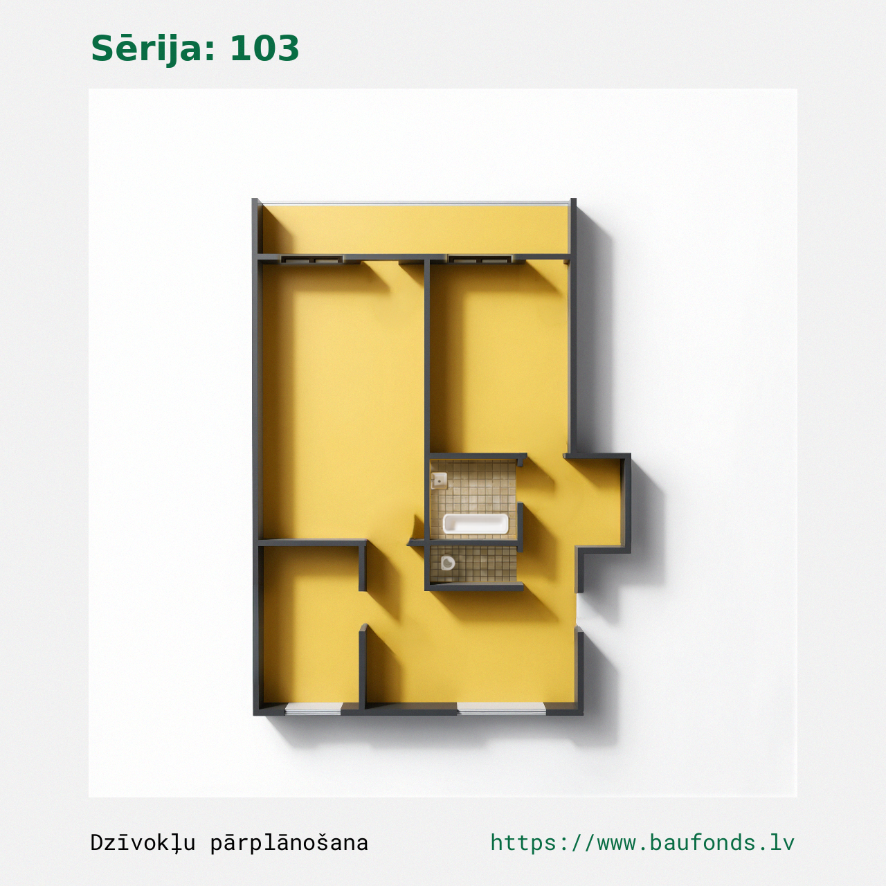 Dviejų kambarių butas, 103 serija (103-D3/2). Plotas 30-55 m² / B