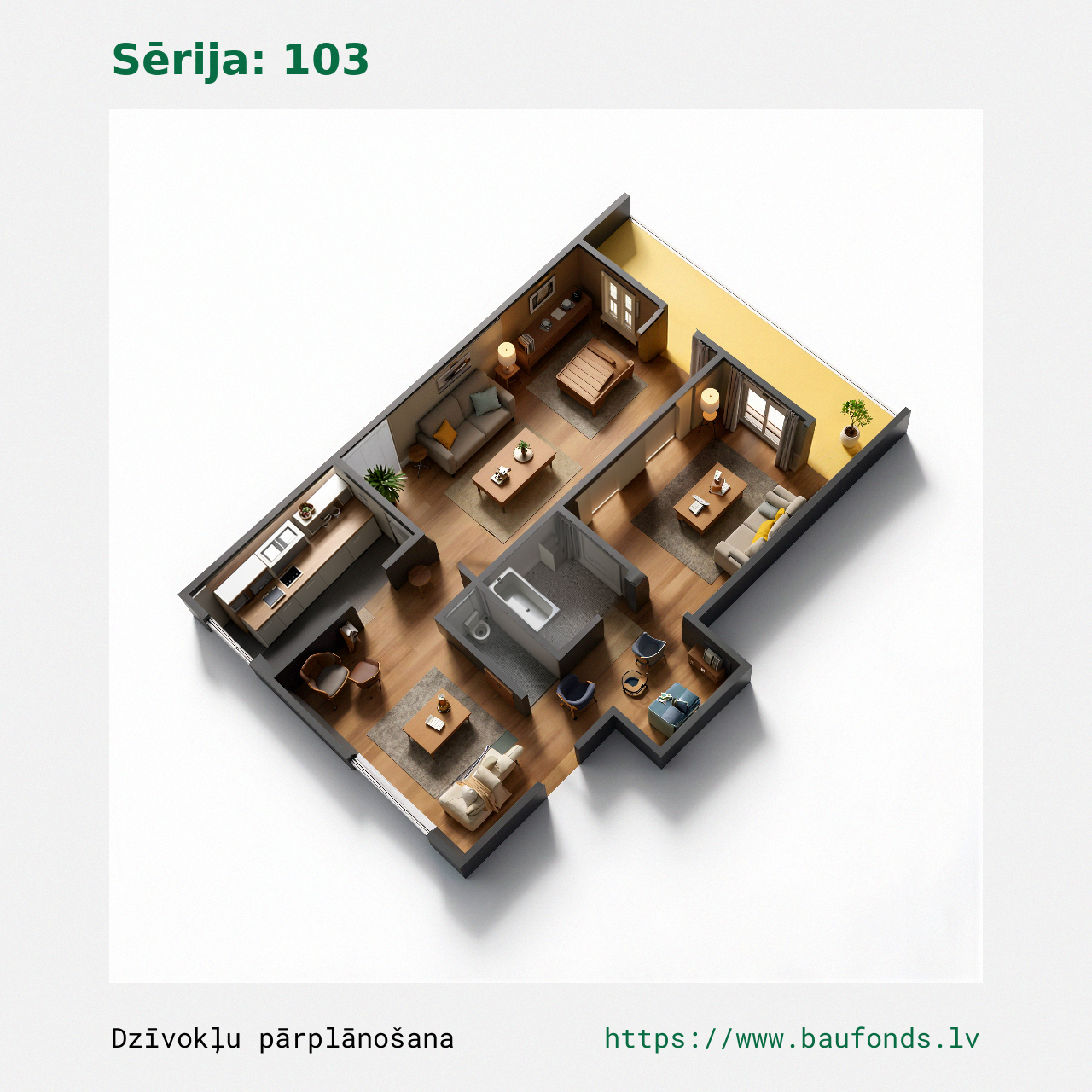Dviejų kambarių butas, 103 serija (103-D3/2). Plotas 30-55 m² / C