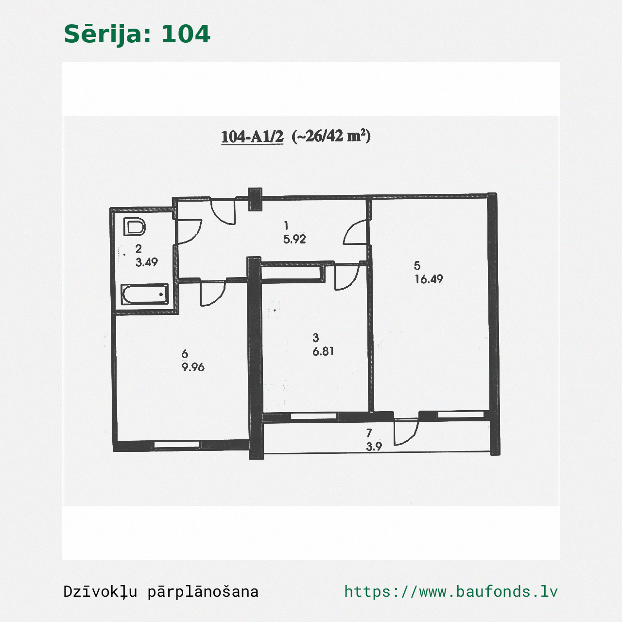 Two-bedroom apartment, Series 104 (104-A1/2). Area 26-42 m² / A