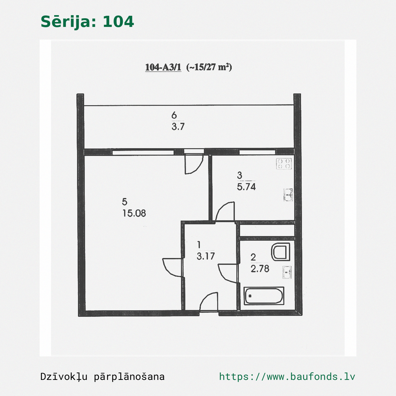One-bedroom apartment, Series 104 (104-A3/1). Area 15-27 m² / A