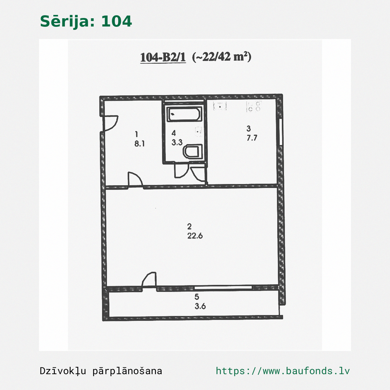 One-bedroom apartment, Series 104 (104-B2/1). Area 22-42 m² / A