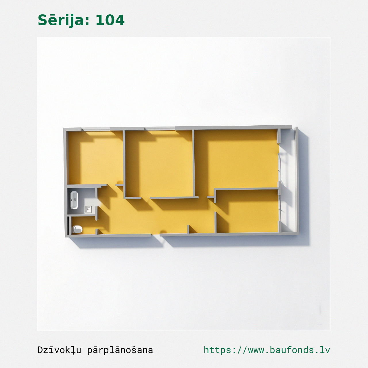 Three-bedroom apartment, Series 104 (104-B1/3). Area 43-68 m² / B