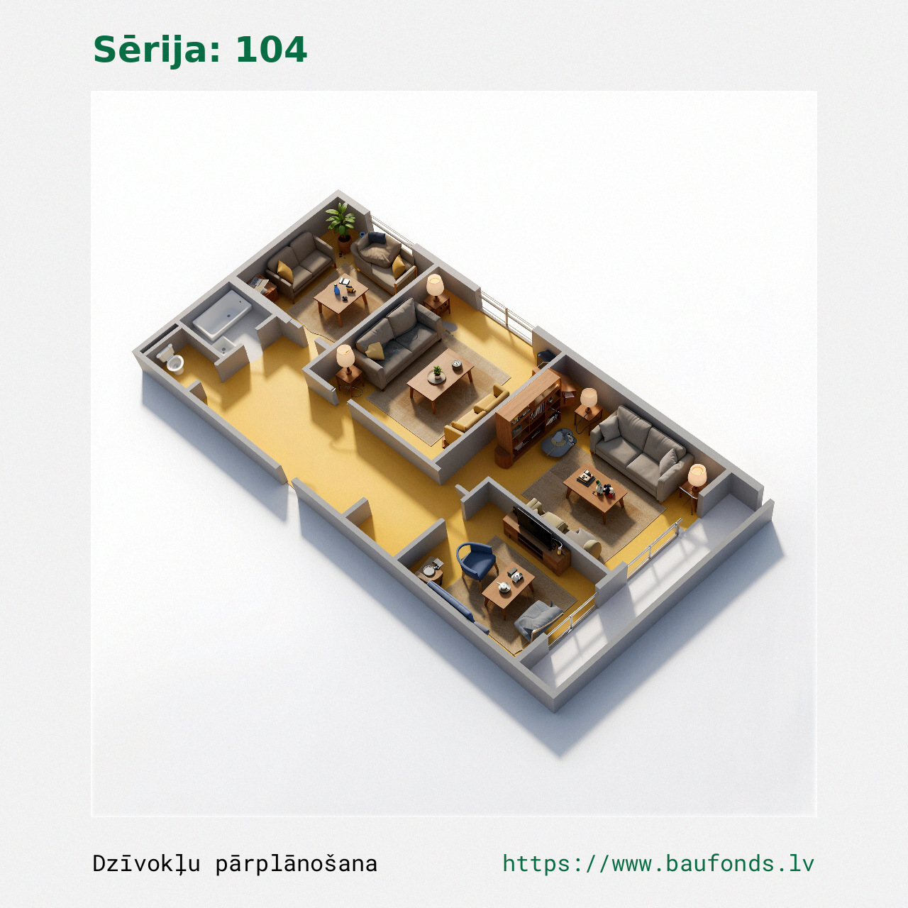 Three-bedroom apartment, Series 104 (104-B1/3). Area 43-68 m² / C