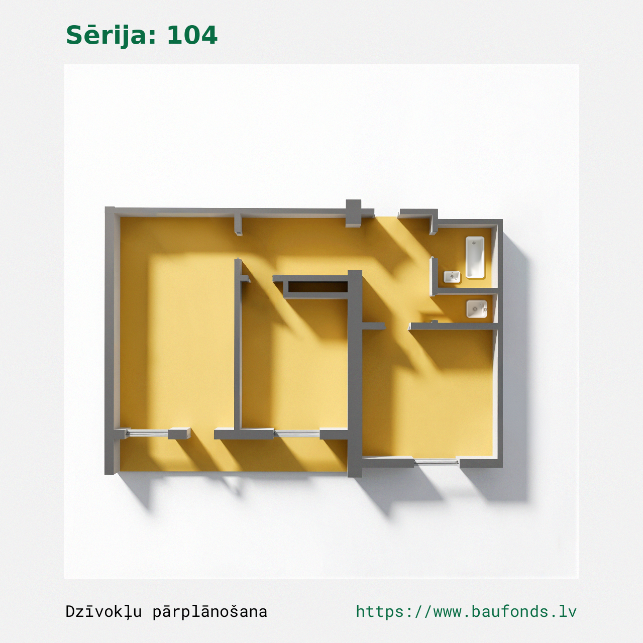 Dviejų kambarių butas, 104 serija (104-B3/2). Plotas 31-53 m² / B