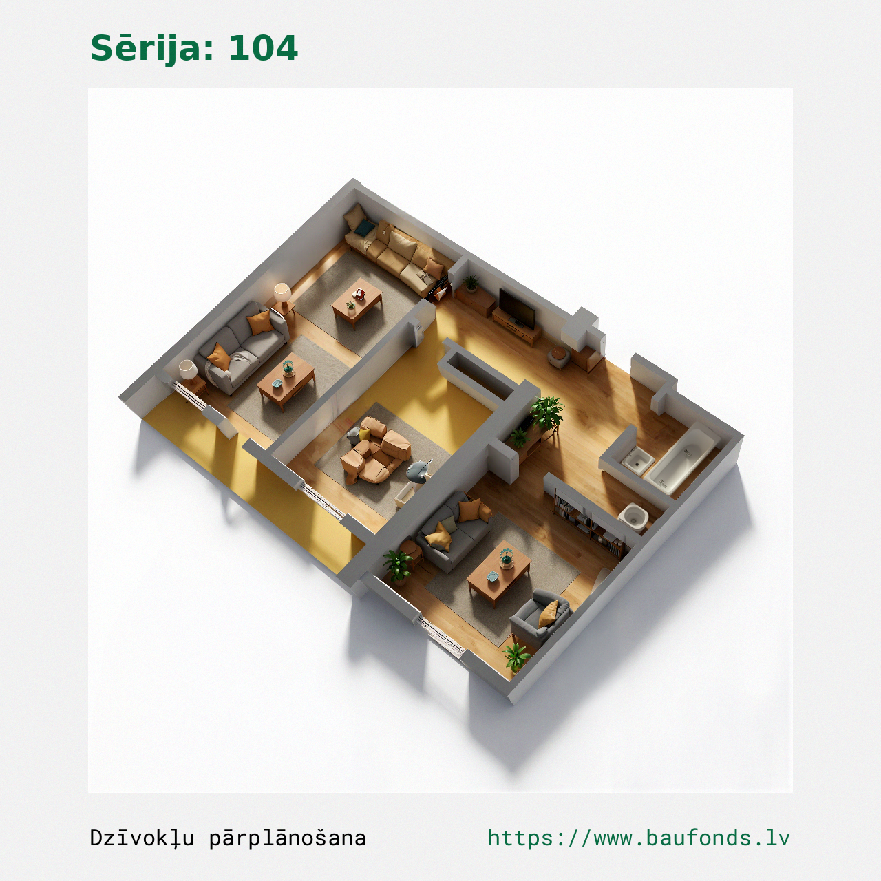 Dviejų kambarių butas, 104 serija (104-B3/2). Plotas 31-53 m² / C