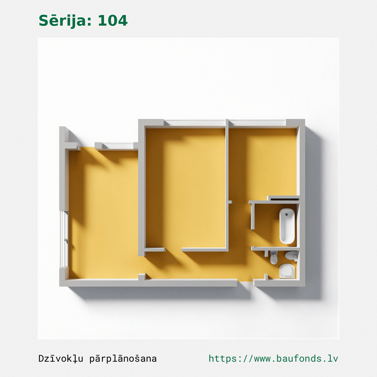 Dviejų kambarių butas, 104 serija (104-C2/2). Plotas 28-43 m² / B
