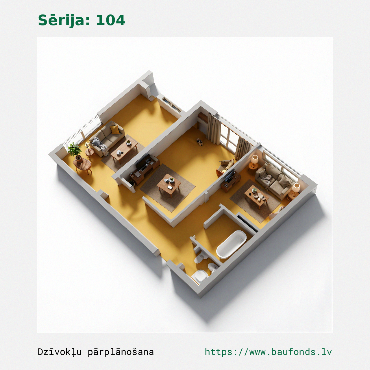 Dviejų kambarių butas, 104 serija (104-C2/2). Plotas 28-43 m² / C