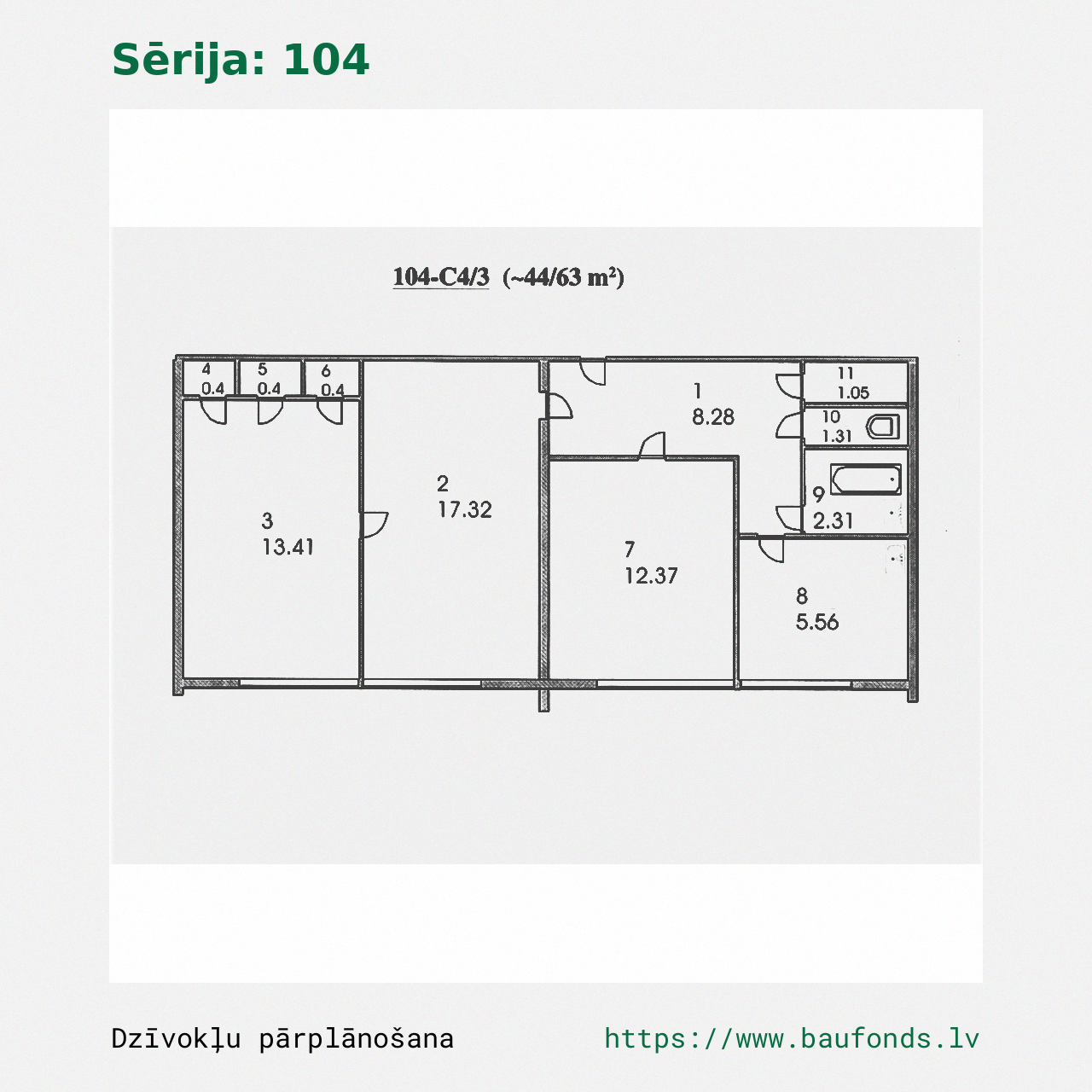 Trijų kambarių butas, 104 serija (104-C4/3). Plotas 44-63 m² / A