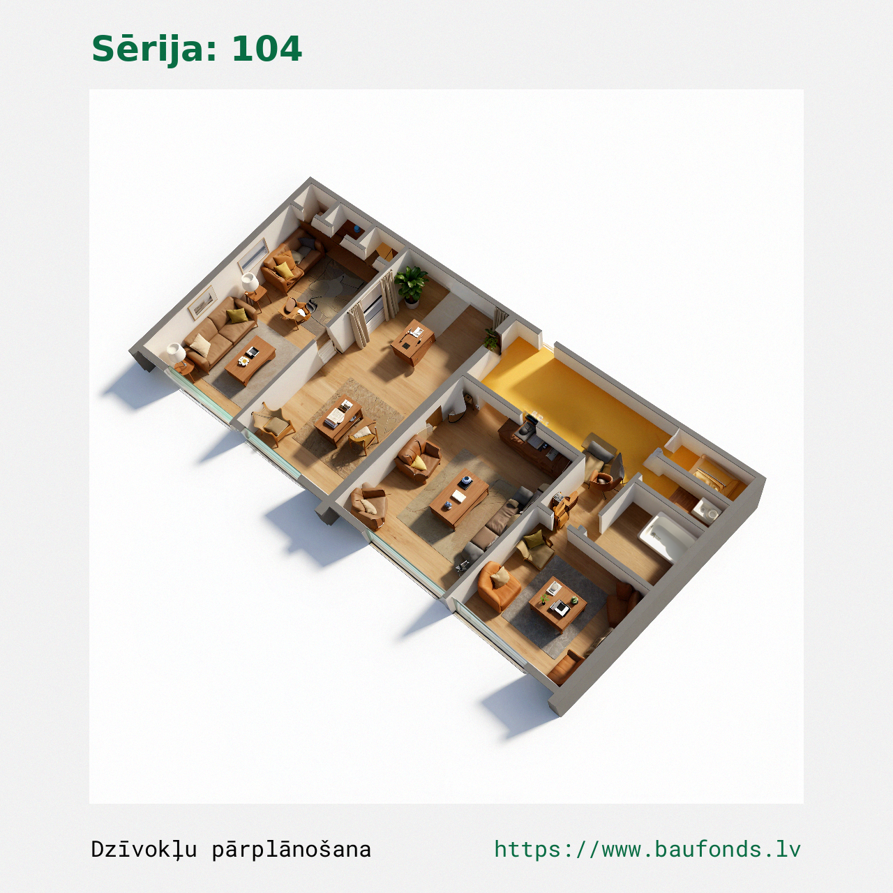 Trijų kambarių butas, 104 serija (104-C4/3). Plotas 44-63 m² / C