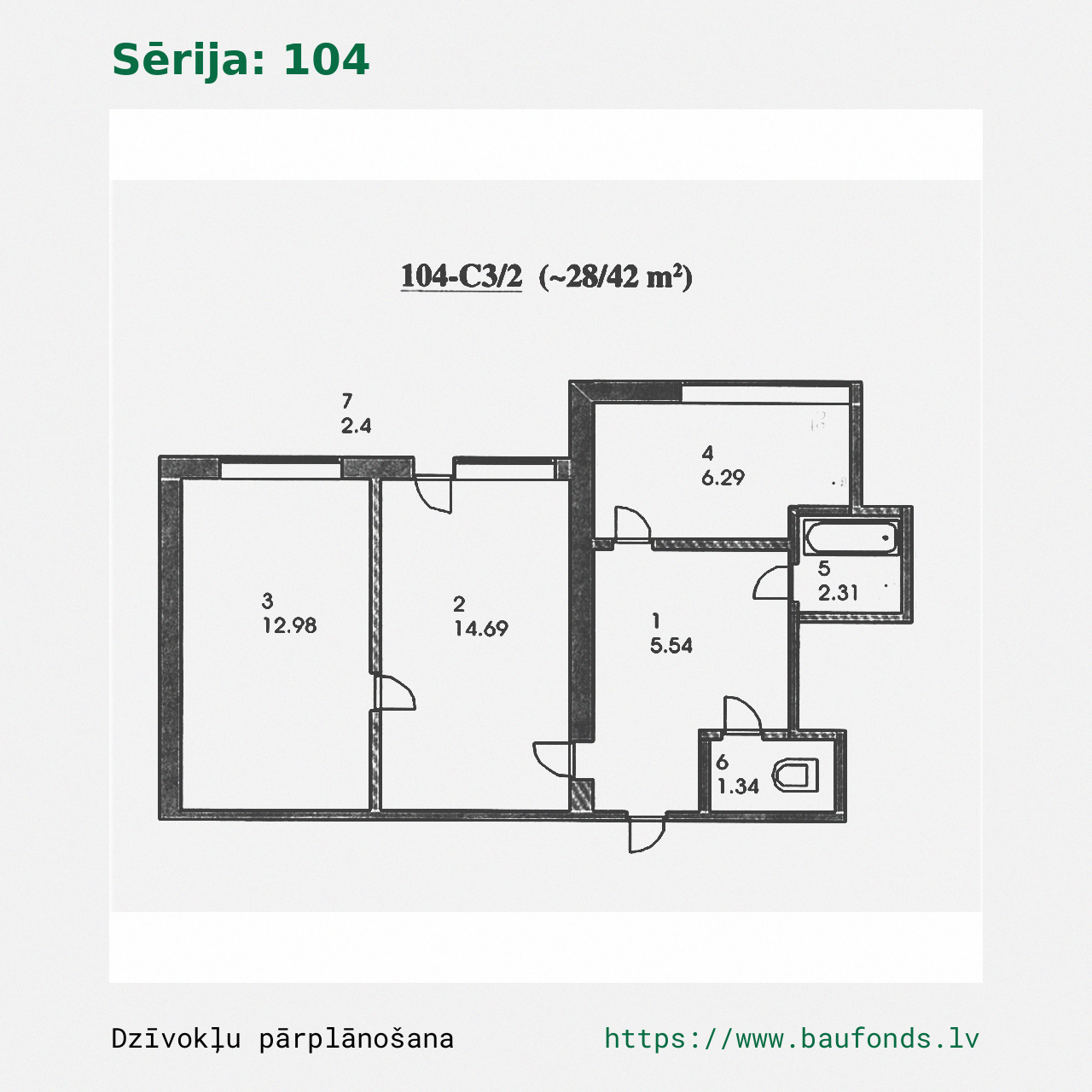 Dviejų kambarių butas, 104 serija (104-C3/2). Plotas 28-42 m² / A