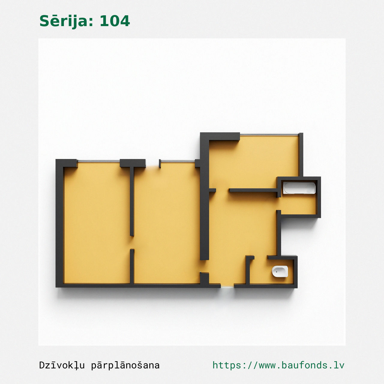 Dviejų kambarių butas, 104 serija (104-C3/2). Plotas 28-42 m² / B