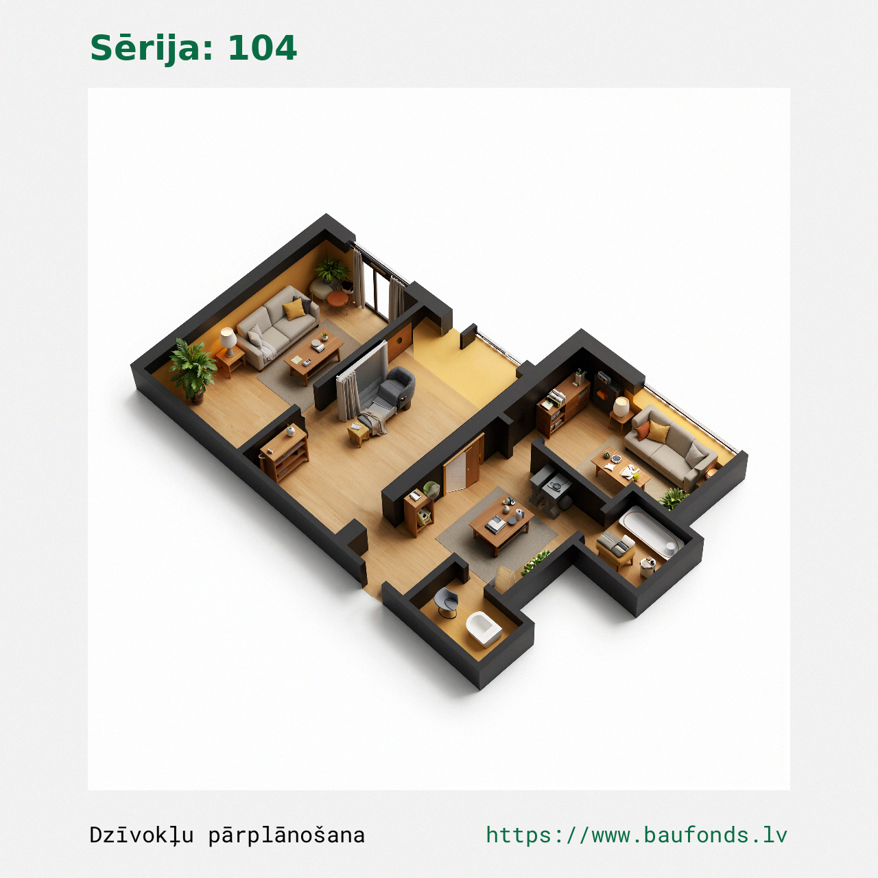 Dviejų kambarių butas, 104 serija (104-C3/2). Plotas 28-42 m² / C