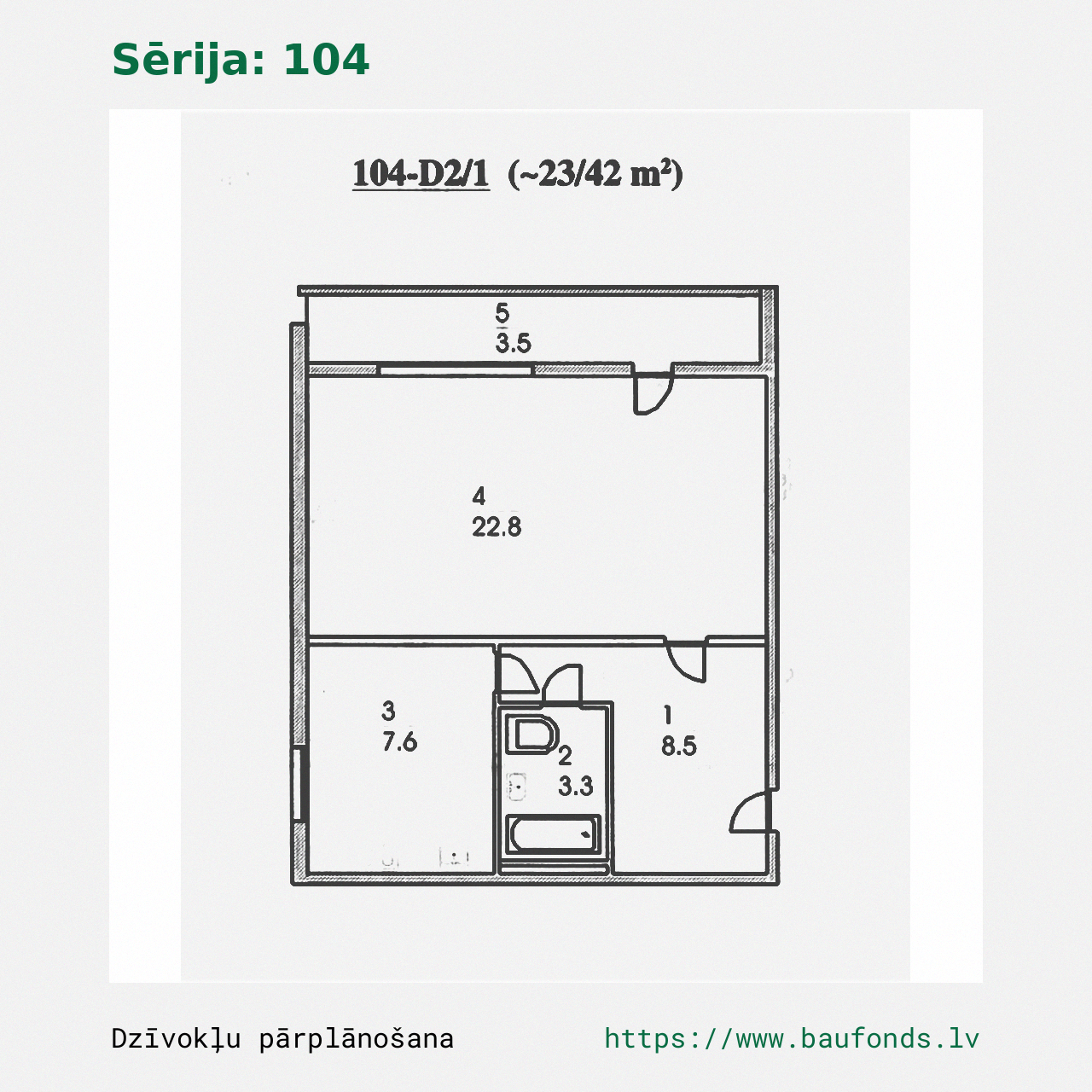 One-bedroom apartment, Series 104 (104-D2/1). Area 23-42 m² / A