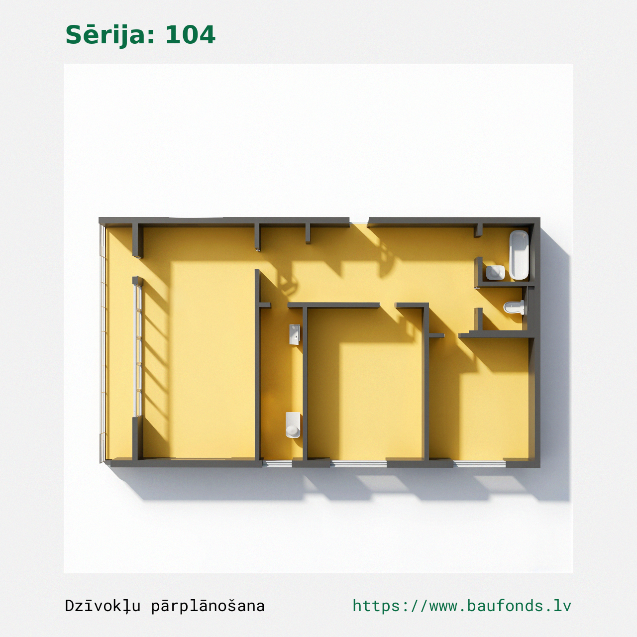 Three-bedroom apartment, Series 104 (104-D1/3). Area 42-68 m² / B