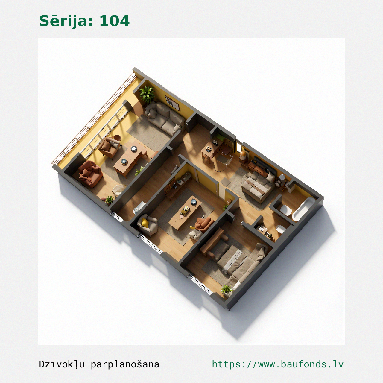 Three-bedroom apartment, Series 104 (104-D1/3). Area 42-68 m² / C