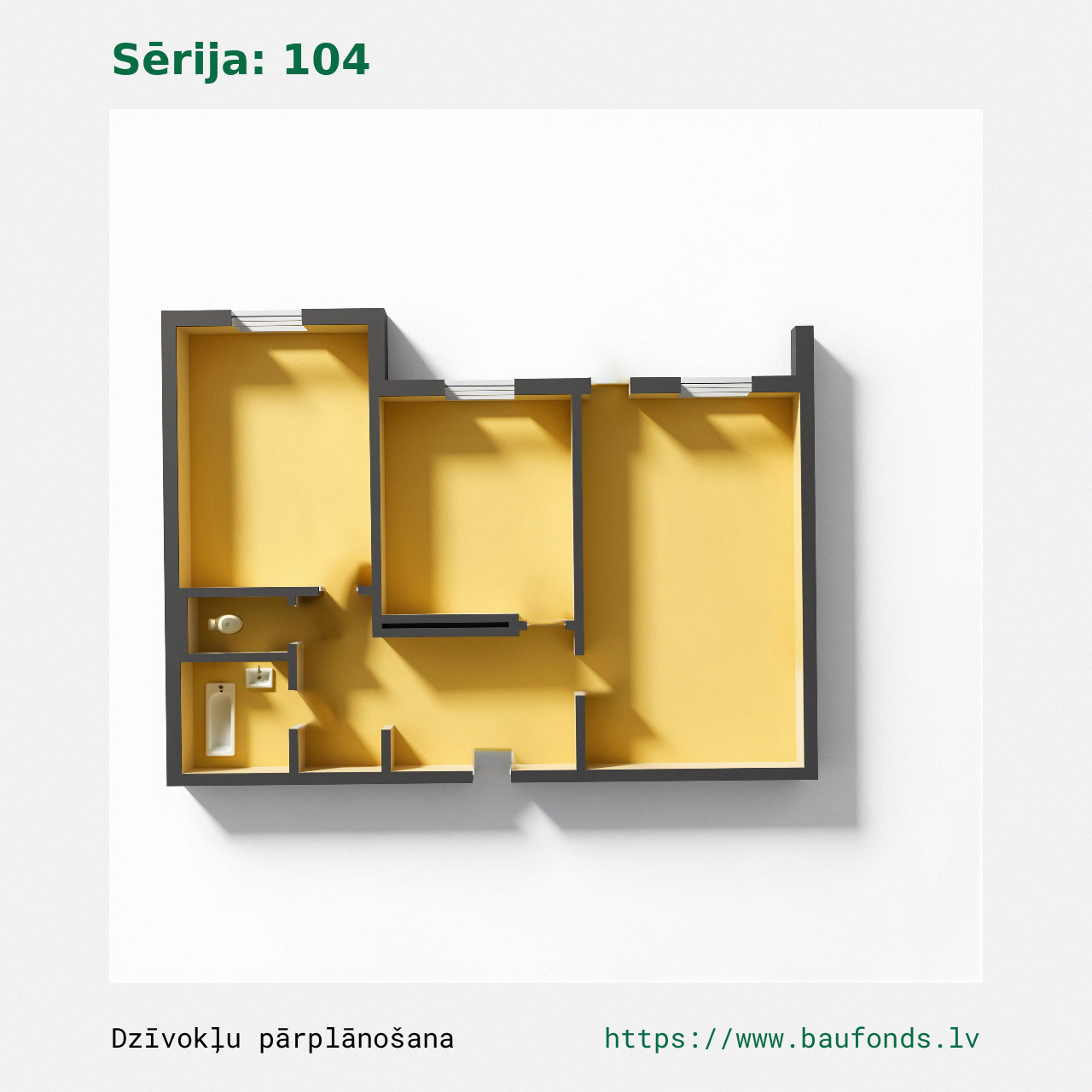 Dviejų kambarių butas, 104 serija (104-D3/2). Plotas 32-53 m² / B