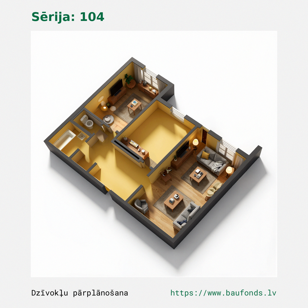Dviejų kambarių butas, 104 serija (104-D3/2). Plotas 32-53 m² / C
