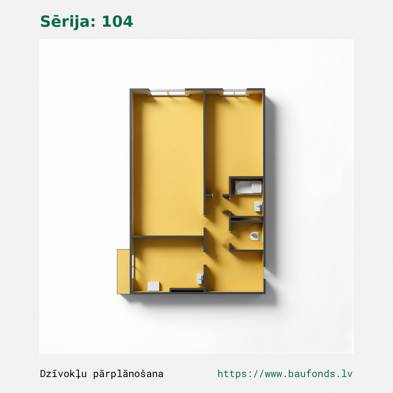 Dviejų kambarių butas, 104 serija (104-E2/2). Plotas 27-43 m² / B