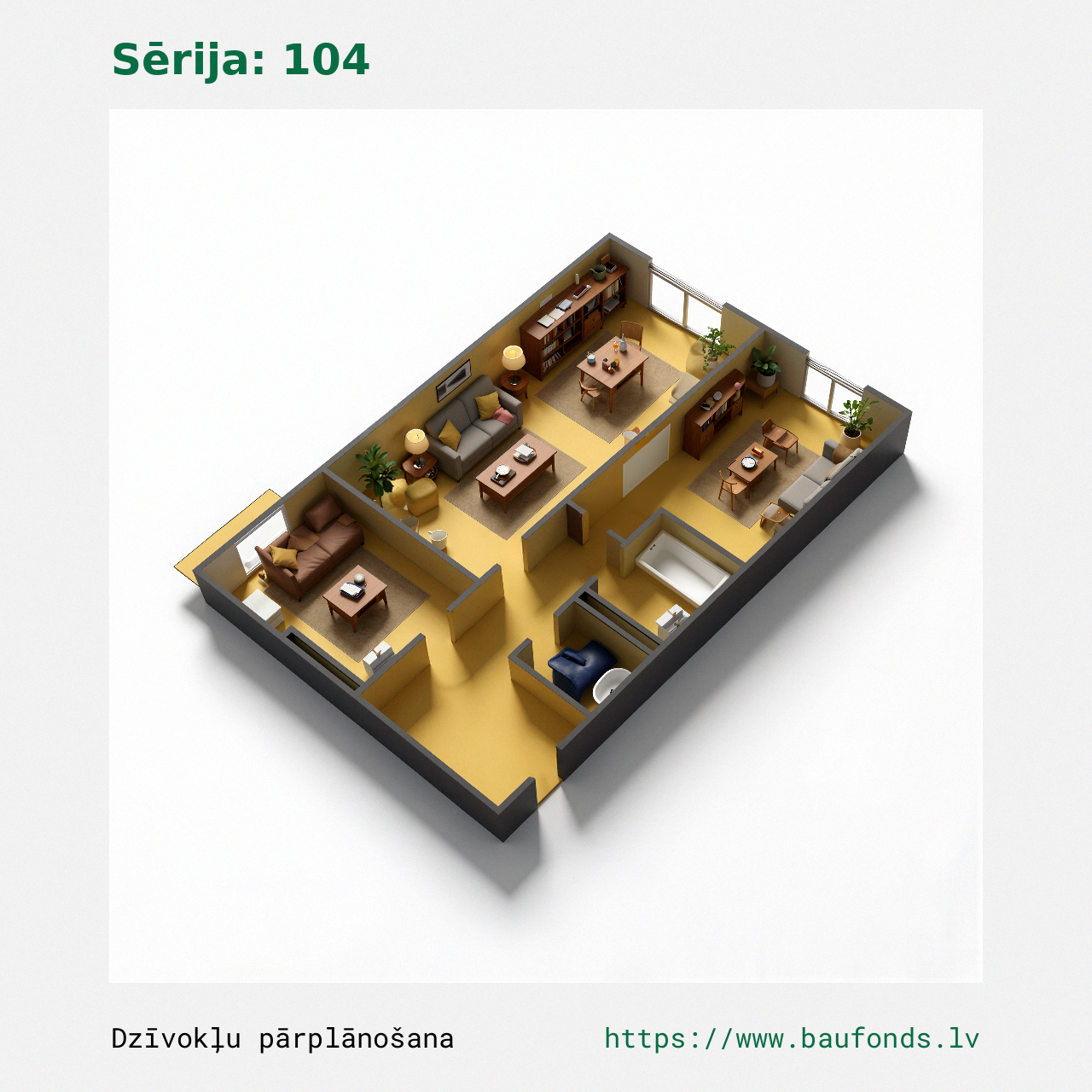 Dviejų kambarių butas, 104 serija (104-E2/2). Plotas 27-43 m² / C