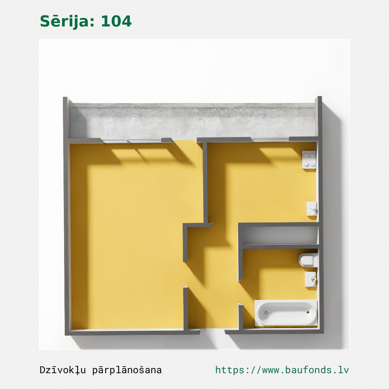 Vieno kambario butas, 104 serija (104-E3/1). Plotas 15-27 m² / B